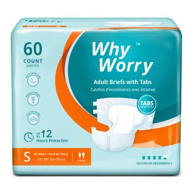 WhyWorry Adult Diapers with Tabs, Disposable Incontinence Briefs for Women & Men with Maximum Absorbency, Adult Briefs for Incontinence Overnight, Odor Control, Unisex, Small, 60 Count (4 Packs of 15)