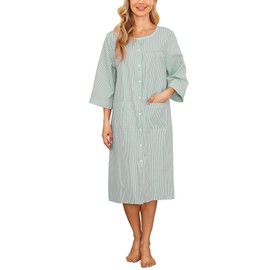Bloggerlove Dusters House Coat for Women 3/4 Sleeve Mumu Nightgown Cotton House Dress Snap Front House Robe Stripe Patio Dress Green XL
