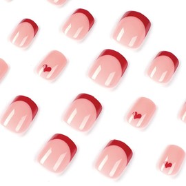 French Tip Press on Nails, Valentine's Day Fake Nails Short Coffin Red Heart Acrylic False Nails Glossy Valentines Artificial Nude Full Cover Stick on Nails Square Decorations for Women Girls (24Pcs)