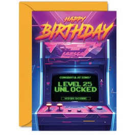 25th Gamer Birthday Cards for Men Women - Level 25 Unlocked - Happy 25 Birthday Card for Son Daughter Brother Sister Friend, A5 Twenty-Five Twenty-Fifth Bday Video Game Greeting Cards