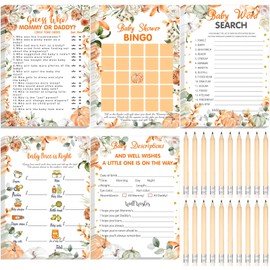 Yinder 145 Pcs Fall Pumpkin Baby Shower Games Girl or Boy Activities Cards Baby Bingo Description and Wishes Guess Who Mommy or Daddy Price is Right Word Scramble Game