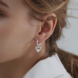 Sterling Silver Dangle Hoop Earrings Charms Lover Heart with White Plated CZ Love Heart Hypoallergenic Fashion Jewelry for Sensitive Ears Dainty Birthday Gift for Women
