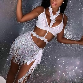 Belly Dance Hip Scarf Sequin Tassel Skirt Dance Wrap Skirts Sparkly Fringe Rave Outfits for Women White