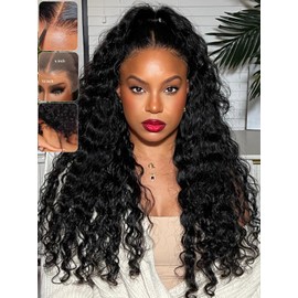 KLAIYI Water Wave HD Real Scalp Glueless Precut 13x4 Lace Front Human Hair Wig Drawstring Bye Bye Knots Pre Plucked Bleached Pre Everything 30S Ready to Wear and Go Deep Curly Wave Beginner Wig 16Inch