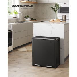 SONGMICS Trash Can, 2 x 8 Gallon (2 x 30 L) Garbage Can for Kitchen, with 15 Trash Bags, 2 Compartments, Plastic Inner Buckets and Hinged Lids, Airtight, Black ULTB60BK