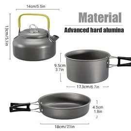 AIMALL Outdoor Camping Cookware Set DS-308, Portable Alumina Teapot and Pots with Accessories, Compact Combination for Hiking and Picnics, Orange and Black