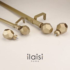 ILAISIHOME Single Curtain Rod Set: 1-1/8 in Diameter Adjustable Gold Curtain Rod with Geometric Faceted Finials,36-72 in,Standard Single Gold Drapery Rod for 1 Pack