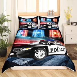 Loussiesd Kids Police Car Bedding Set Toddler Boys Policeman Duvet Cover Black The Polica Vehicle Bedding Double Car Car Decor Beds Set Of 2 Pillowcases For Adult Girls