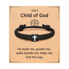 JEWPARK 1PCS Mens Cross Bracelet, 1PCS Wooden Cross Fidget - Adjustable Rope Bracelet for Men Women Easter Christmas Christian Baptism Birthday Religious Gifts Stocking Stuffers Jewelry