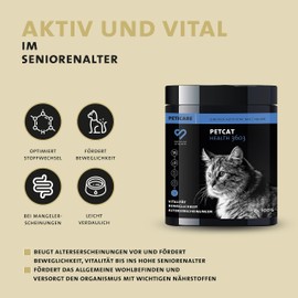 Peticare Senior Aktiv Vital Mix Pulver für alte Katzen | Natürliches Ergänzungsfutter-Mittel mit Grünlippmuschel, MSM, Curcuma | fördert Immunsystem & bei Mangelerscheinungen | petCat Health 3603