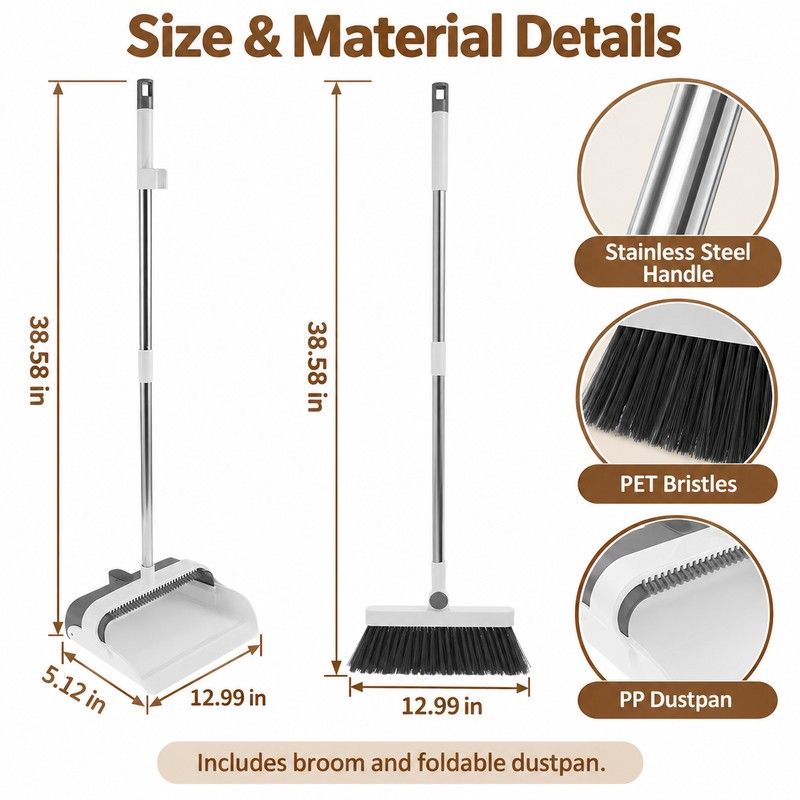 Upright Broom and Dustpan Set – 180° Foldable Dustpan with