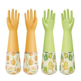 2 Pairs Rubber Dishwashing Cleaning Gloves, Reusable Latex Free Kitchen Dish Gloves with Cotton Lined, Non-Slip Waterproof Household Gloves for Laundry, Working, Gardening (Yellow & Green)