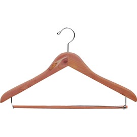 Unfinished Natural Red Cedar Wood Suit Hanger with Locking Bar in 17" Length X 7/16" Thick with Semi-Curved Body and Chrome Hardware, Box of 12