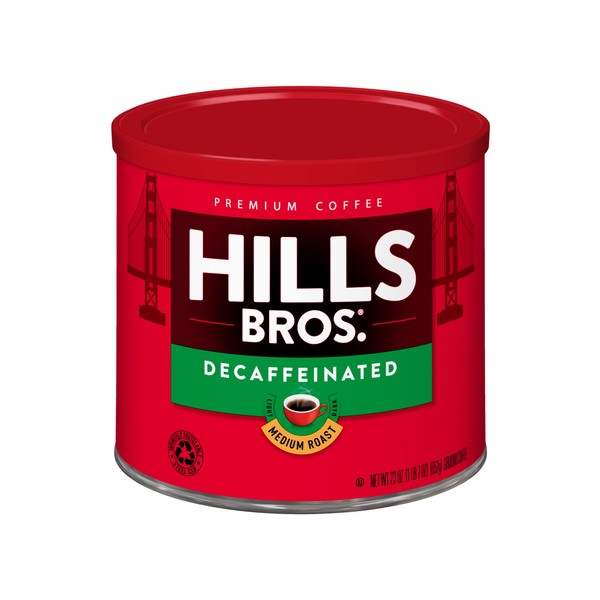 Hills Bros Decaf Original Blend Ground Coffee, Medium Roast, Caffeine Free, Full-Bodied Classic Rich Taste, 23 Oz