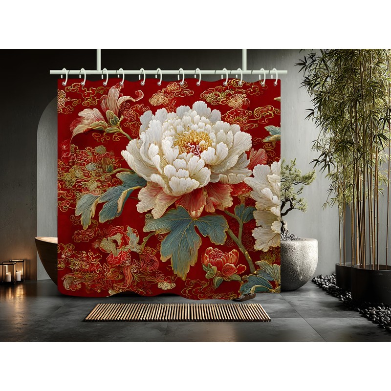WODEJIA Red Peony Shower Curtain, Chinese Style Floral Embroidery Bathroom