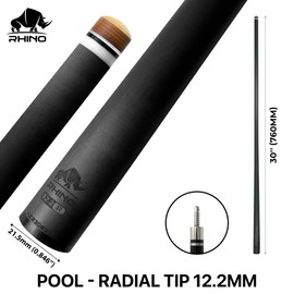 Rhino - 30" / 3/8-8 Joint Carbon Pool Cue Single Shaft, Tip Rhino, 12.2mm. Low Deflection, Ultra-Smooth, Easy to Play, Pro Taper