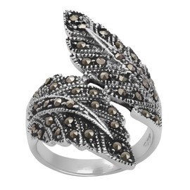 Silverly Women's .925 Sterling Silver Simulated Marcasite Oxidised Overlapping Feather Ring