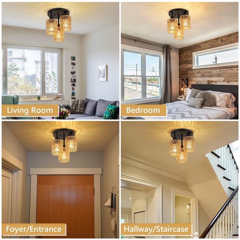 3-Lights Boho Light Fixtures Ceiling Mount, Farmhouse Rattan Chandelier, Hand