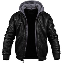 CREATMO US Leather Jackets for Men Motorcycle Jacket Leather Jacket-Fall Winter Vintage Motorcycle Biker Jacket with Removable Hood Black Light 5XL
