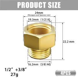 Aitsite Reducer 3/8 to 1/2 Inch Brass Reducer Extension with Hex 3/8 Inch Male Thread x 1/2 Inch Female Thread Reducer for Conversion of Pipe Connections (Pack of 4)