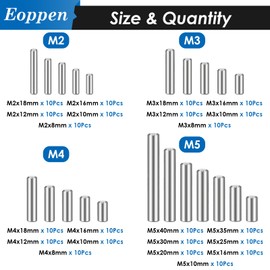Eoppen 220Pcs 304 Stainless Steel Dowel Pin - 22 Sizes M2 M3 M4 M5 Cylindrical Shelf Support Pin Fasten Elements Assortment Kit