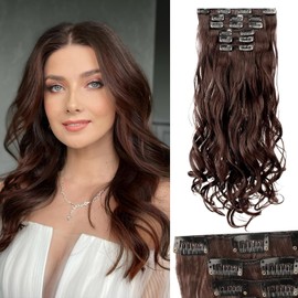 Extensiones de Cabello Natural Ondulado, 6 piezas, Extensiones de Cabello Natural con Clip, Clip Extensiones, Tamaño Ajustable, Resistente al Calor Extraíbles y Reutilizables (Marrón oscuro)