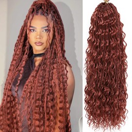 Miuric Goddess Box Braids Crochet Hair for Black Women 24 Inch 7 Packs Auburn Boho Crochet Box Braids with Curly Ends Copper Red Pre Looped Bohomian Box Braids Synthetic Braiding Hair Extensions 350