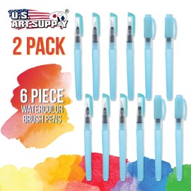 U.S. Art Supply 12-Piece Water Coloring Brush Pen Set of 12 (2 of Each Size - 01, 02, 03, 04, 07,10) - Refillable, Watercolor, Calligraphy, Painting