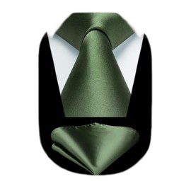 HISDERN Dark Olive Green Ties for Men Classic Silk Tie and Pocket Square Set Solid Color Necktie Handkerchief Formal Business Wedding Men's Neckties