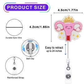 Cute Crowned Uterus Badge Reel Retractable for Labor and Delivery Nurse, Gynecology Badge Reel, L&D Badge Clip, Funny OB/GYN Ovaries Badge Holder with Alligator Clip & 24” Durable Nylon Cord | Acrylic