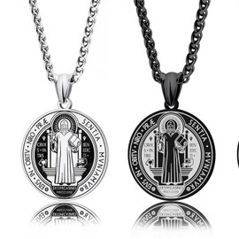 LAOYOU Saint Benedict Medal for Men Women Stainless Steel Mens St Benedict Necklace Exorcism Talisman Religious Pendant Amulet Protection Jewelry Catholic Medalla de San Benito Silver Gold Round