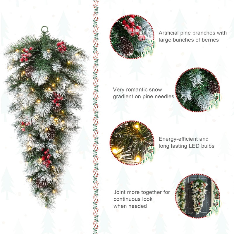Glitzhome 3ft Pre-Lit Pinecones and Red Berries Artificial Christmas Teardrop,