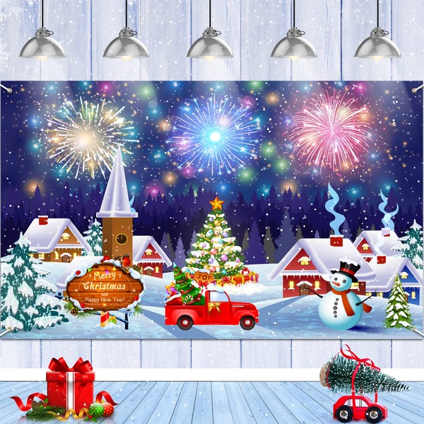 Happy New Year Banner Merry Christmas and Happy New Year Party Decoration Winter Night Snowing Firework North Pole Background for New Year Eve Party Supplies 2023