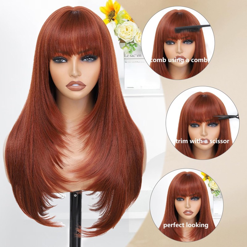 MINSEEYOO Auburn Wig with Bangs for Women Long Layered Wigs
