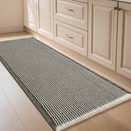 IM HOME Waffle Bath Mat Green & Cream,Boho Woven Modern Bath Rug Mats, Absorbent Non Slip Bathroom Floor Mat, Soft Washable Bath Rugs with Tassels for Bathroom, Bedroom, Kitchen, Shower, Tub