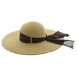 Wide Brim Sun Hat with Poka Dot Bow- Brown Bow