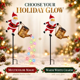 Solar Santa Watering Can Garden Stake Light with Cascading LEDs, 33-Inch Christmas Outdoor Yard Decor, Multicolor or Warm White