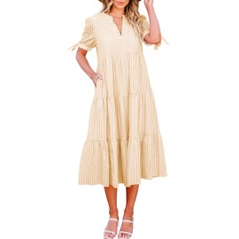 ECOWISH Women Summer Casual Dress - V Neck Short Sleeve Gingham Midi Pleated Tiered Loose Fit Holiday Picnic Dresses Beige Large