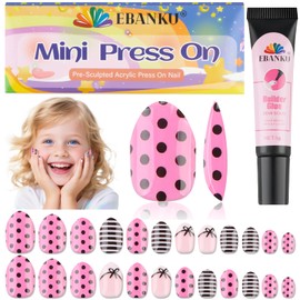 EBANKU 1 Pack Kid Fake Nail Kit, 26 Pieces Press on Nails for Kids Bow Tie Press on Nail Short Artificial False Nail Kits for Kids Girls