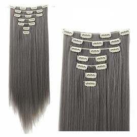 SWACC Women 22 Inches Straight Full Head 7 Separate Pieces Heat Resistance Synthetic Hair Clip in Hair Extensions (Grey)