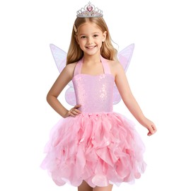 Soyoekbt Fairy Costume for Girls Princess Tutu Dress with Butterfly Wings for Girls Birthday Party Dress Up (Pink, 3-4 Years)