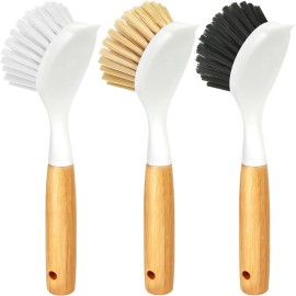 Holikme 3 Pack Dish Brush Set with Bamboo Handle, Kitchen Cleaner for Cleaning Pot, Sink