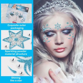 HIFANMM Christmas Fake Tattoos Glitter Snowflake Face Temporary Tattoos Blue Snowflakes Star Face Jewels Tattoo Stickers for Adults Kids Christmas New Year Eye Makeup Kit for Face Decor Supplies 2Pcs