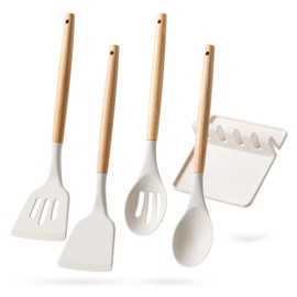 Hefild Silicone Cooking Utensils with Wooden Handles, 4-Piece Set and Rest