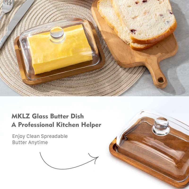 MKLZ Glass Butter Dish with Lid, Clear Domed Cheese Dish