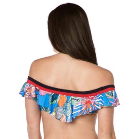 Trina Turk Women's Standard Off Shoulder Ruffle Bandeau Bikini Swimsuit Top, Pacific Blue/Tahiti Tropical Leaf Print, 4
