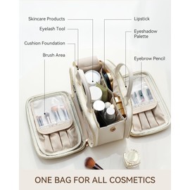 Prite Makeup Bag for Women, Large Capacity Waterproof Travel Cosmetic Organizer, Portable Open Flat Toiletry Bag with Free-standing Brush Holder and Handle(Beige Medium)