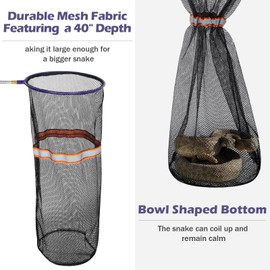 Snake Catcher Net, Rattlesnake Grabber Handling Tool Reptile Closure Net Snake Grabber Tool with 16“ to 60" Telescopic Pole Stick, 12" Ring, Secure Drawstring for Transporting and Capturing Snakes