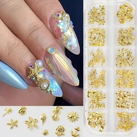 Gold Nail Charms Summer Ocean Nail Gems 3D Metallic Sun Flower Seahorse Jellyfish Starfish Nail Rhinestones Alloy Nail Jewels for Women DIY Manicure Decoration Accessories