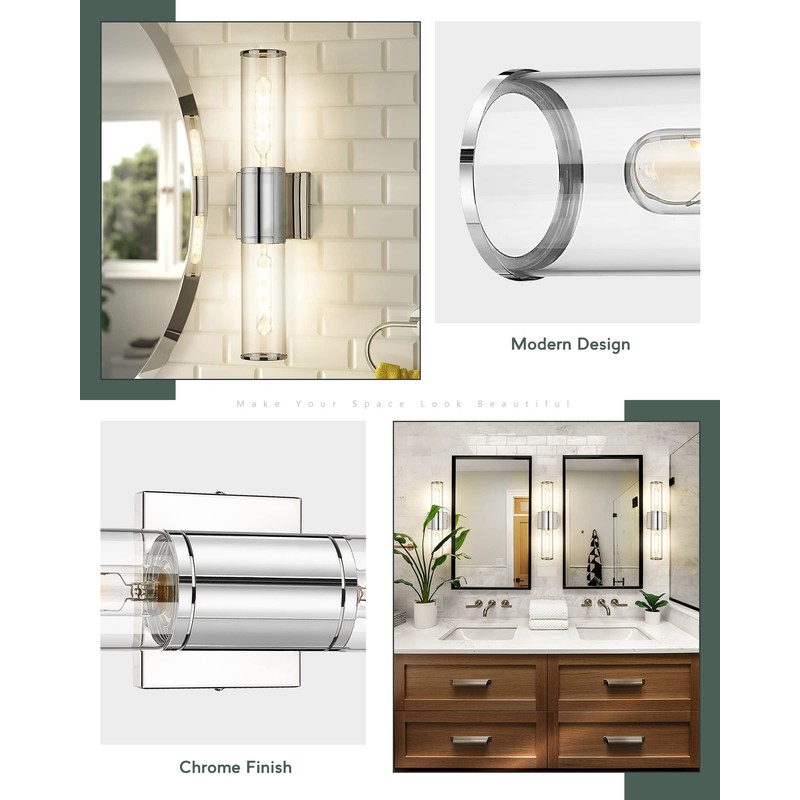 METWET Bathroom Vanity Light Fixtures, Chrome Wall Lights in Clear